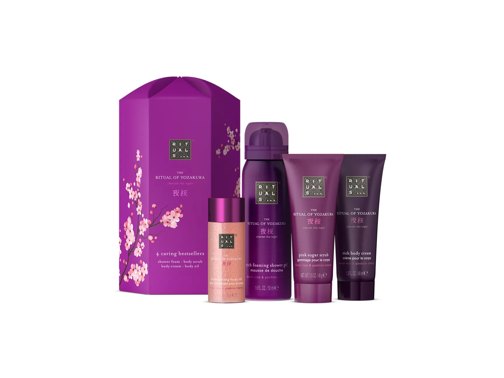 Poklon set The Ritual of Yozakura S pjenasti gel za tuširanje 50 ml, krema za tijelo 40 ml, piling od ružičastog šećera 45 g, svjetlucavo ulje za tijelo 30 ml