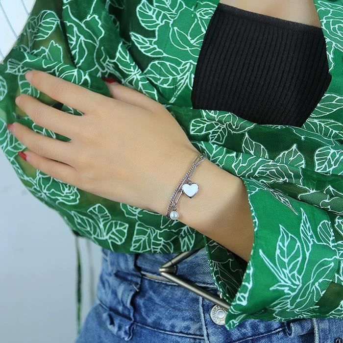 Bracelet double chaînes avec pendentif cœur et perle en acier inoxydable pour femme