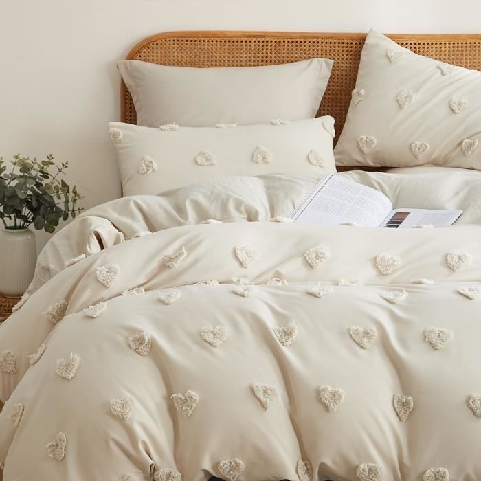 Housse de Couette Beige - Parure de lit 2 Personnes - Motif Amour - Lavable en Machine - 220x240 cm