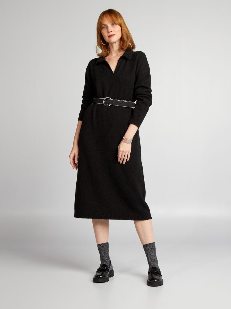 Suéter maxi de tricô com gola - preto