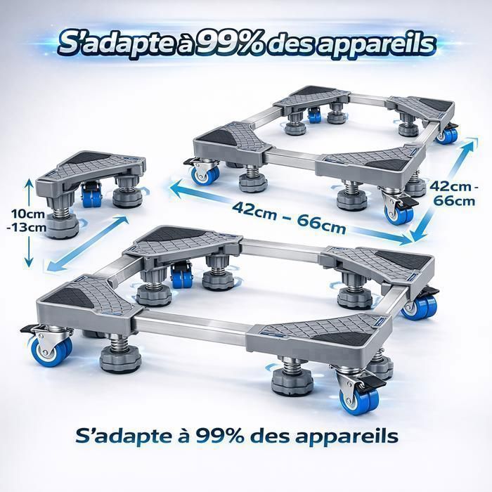 Support Machine a Laver, Ajustable Socle Lave Linge avec 4 Roues et 8 Pieds, Base Machine à Laver Charge 500kg, 42x68x12cm