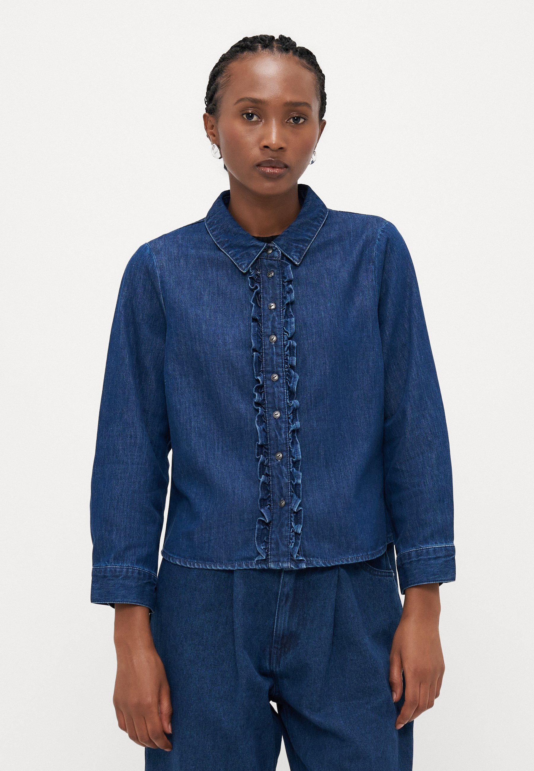 ONLY Petite ONLKAYA FRILL SHIRT - Bluse - dark blue denim