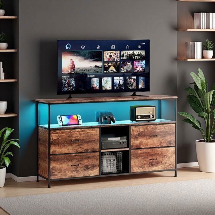Aparador bajo de 4 cajones y 3 estantes con iluminación LED, ideal para sala de estar o como mueble para TV. Estructura metálica. Unidad de almacenamiento. Color marrón.