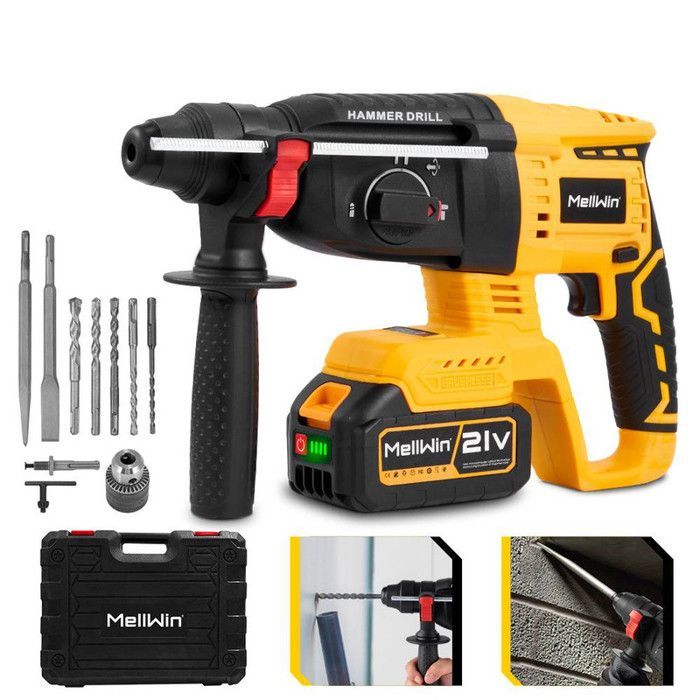 Marteau perforateur rotatif sans fil - MELLWIN - MellWin - Moteur sans balais - 21V/670W - 2x1,5Ah+10 accessoires