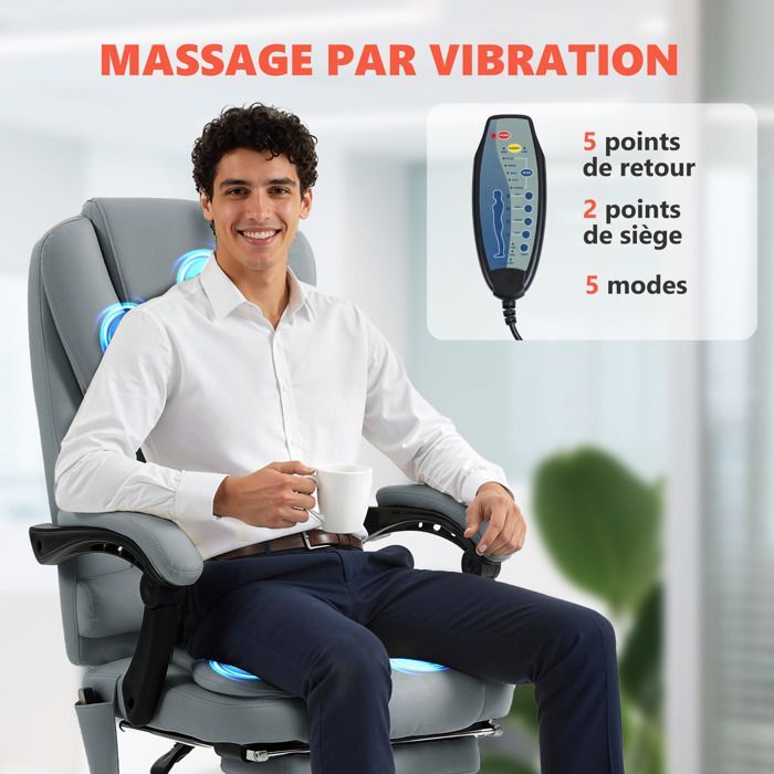 Vinsetto massage office chair - adjustable height, reclining backrest and wired remote control - grey