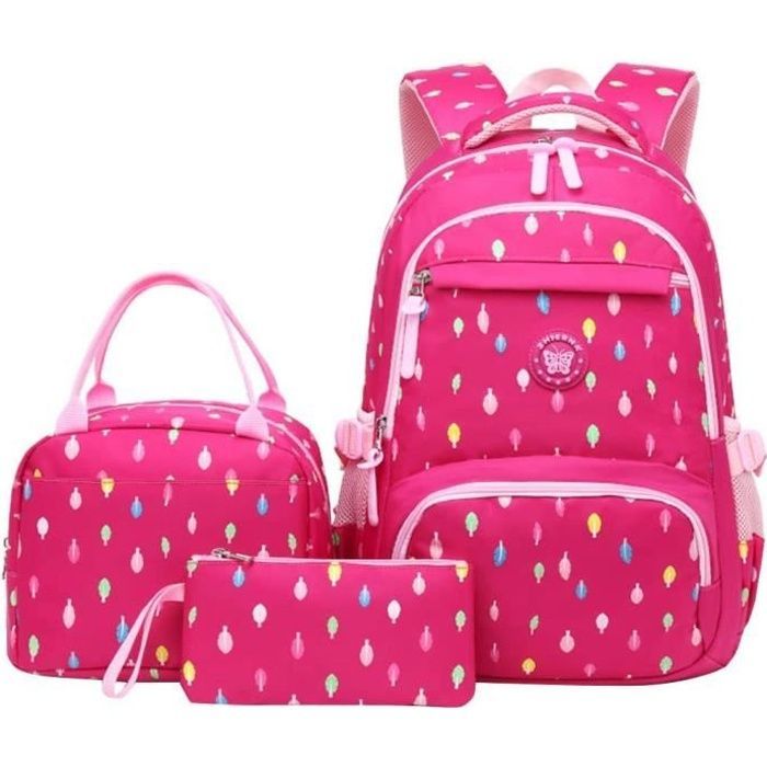 Sac à Dos pour Enfants 3pcs.Sac à Dos pour école Primaire pour Filles,Rose,Nylon,avec étui à Crayons isolé pour Sac à Lunch de 6-13
