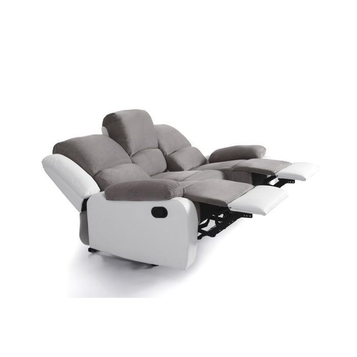 Sofá reclinable de 3 plazas LEO en microfibra y piel sintética - Blanco y gris - 193 x 93 x 96 cm - LOUNGITUDE