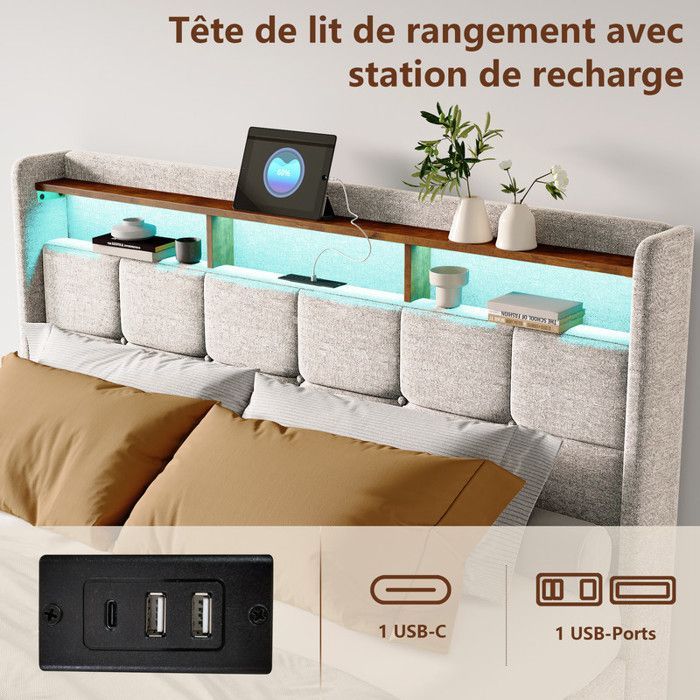 Letto matrimoniale 140 x 190 cm con rete a doghe, letto matrimoniale con cassetti, letto matrimoniale imbottito con LED e porte USB, doghe in legno, lenzuola beige