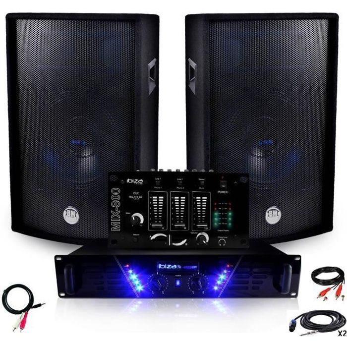 PA System Package: AMP-300 Amplifier + BMS-12 2x600W Speakers, Mixing Console + Cables