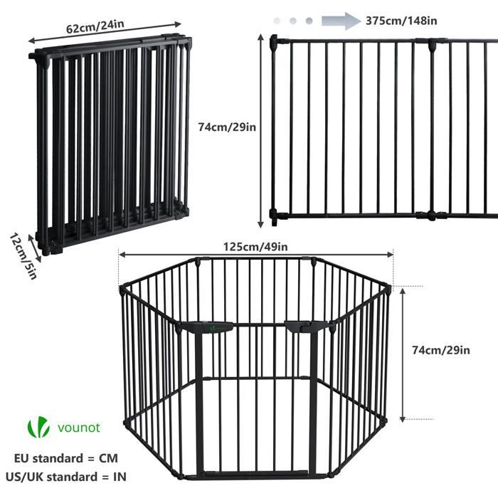 VOUNOT® Barrière de sécurité pliable pré-assemblée 3.75M - 6 Panneaux - Grille de protection cheminée en métal noir