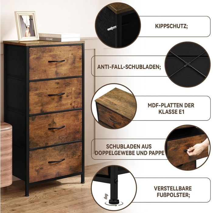 Cómoda WOLTU, 4 cajones, tapizada en tela, estructura metálica, tapa de madera de ingeniería E1, marrón rústico + negro W0ITT0116