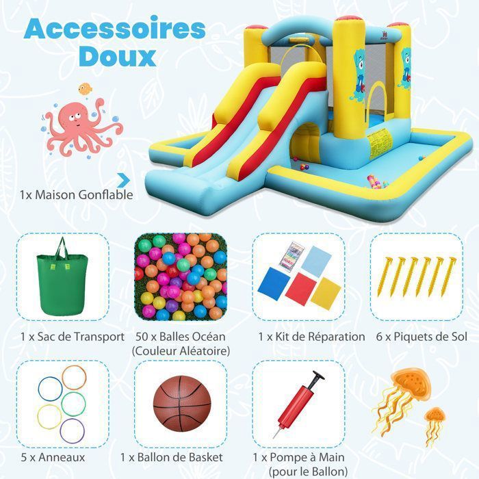 DREAMADE Château Gonflable Enfants avec Toboggan, Zone de Saut, Tunnel, Panier de Basket, Fosse a Balles, Jeu de Lancer d'Anneaux
