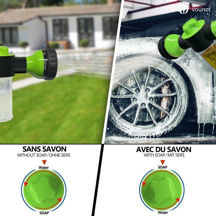 Manguera de jardín extensible reforzada VOUNOT® de 15 m, color verde, con depósito de jabón, 8 modos de funcionamiento, conector y bolsa de almacenamiento incluidos.