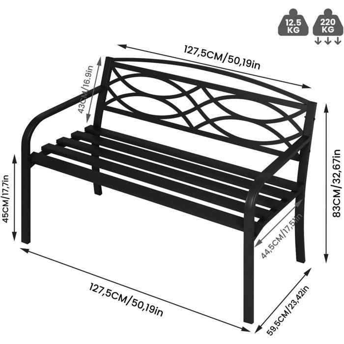 WOLTU tuinbank, metalen buitenbank, weerbestendig, met rugleuning en armleuningen, 127,5x59,5x83cm, zwart