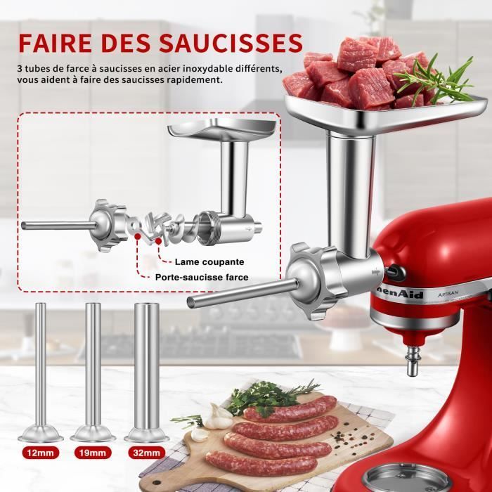 Accessoire broyeur pour mélangeur KitchenAid, 3 tubes et supports de remplissage de saucisses, 4 disques, 2 lames, presse à hamburge