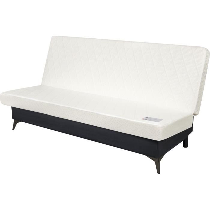 Sofá cama INDY Click-clack - 2/3 plazas - Colchón SIMMONS de 13 cm de grosor - Espuma HR de 35 kg/m³ - Tapicería negra - Fabricado en Francia