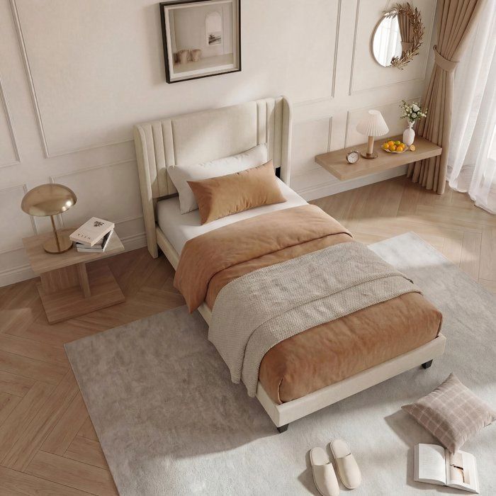 PERGAR Bed Frame - 90 x 200 cm - Single Bed with Slatted Base - Upholstered Headboard - Beige Linen - For Children, Teenagers, and Adults
