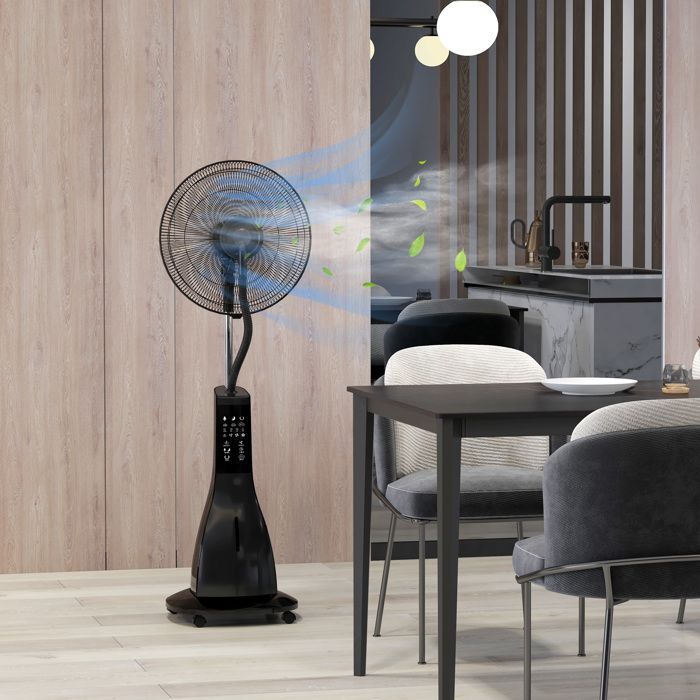 Ventilador de pedestal HOMCOM de 90 W con función de nebulización, ruedas, mando a distancia, temporizador, 3 modos, 3 velocidades, oscilante, inclinable - negro