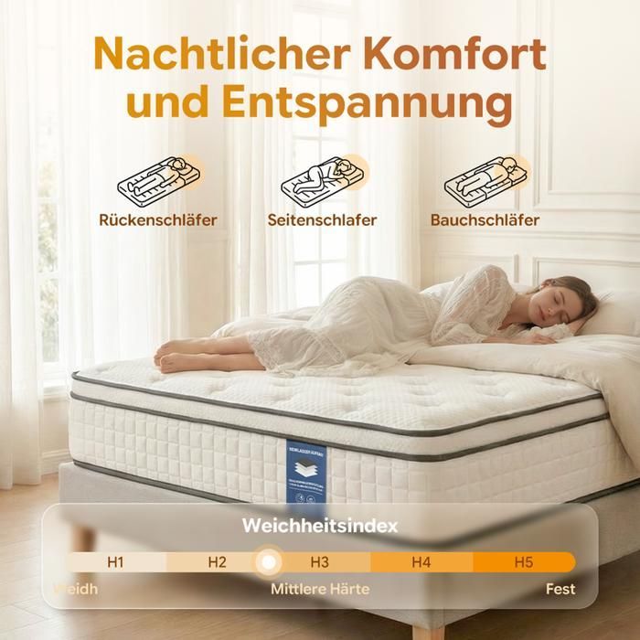 Matelas 90x200 cm UKing - Très épais 25 cm - Mémoire de Forme + Ressorts 7 Zones Blanc - Hypoallergénique & Réversible