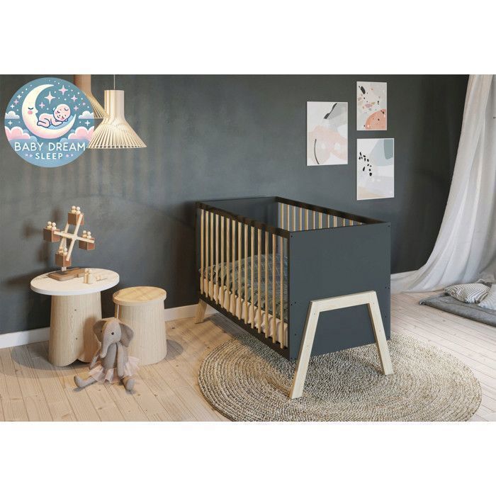 Lit bébé à barreaux MAGNUS - 120x60 cm - Côté coulissant - Réglable en Hauteur - Anthracite