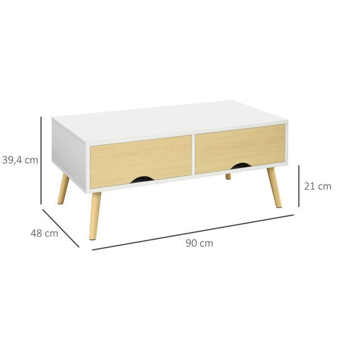 Mesa de centro rectangular con 2 cajones y 1 compartimento, 90x48x39 cm, blanco natural.