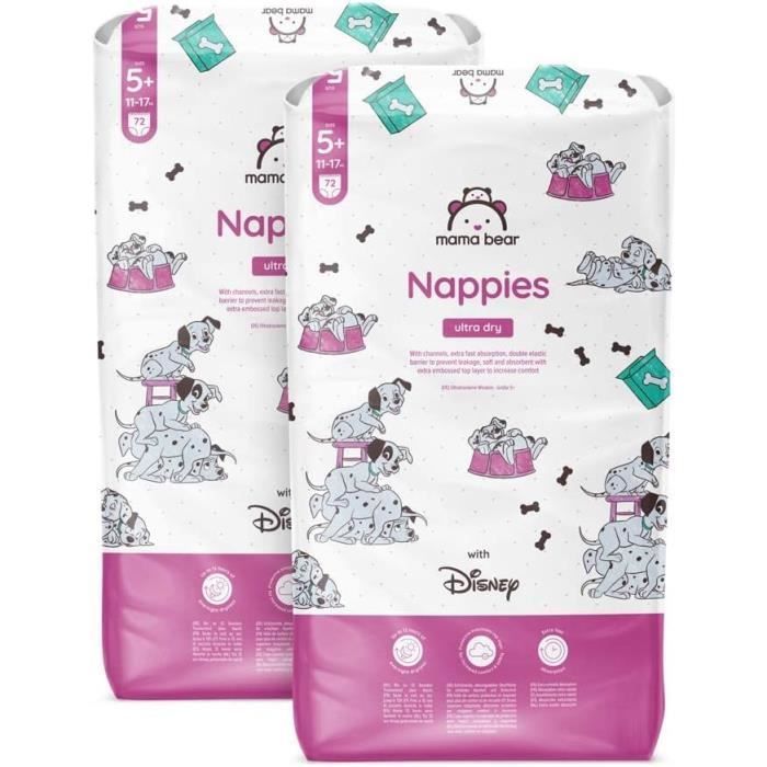 Mama Bear Disney Ultra Absorberende Babyluiers, Maat 5+ 11-17 kg, Wit, 144 stuks (2 verpakkingen van 72) - MAANDVERPAKKING