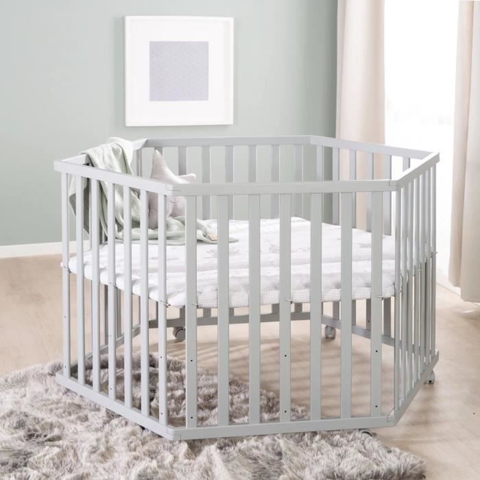 Parque infantil hexagonal convertible ROBA - STERNENZAUBER - Funda acolchada - Estampado de elefantes - 6 ruedas con freno - Madera lacada en gris