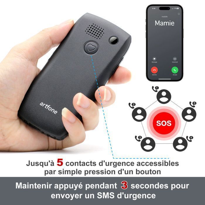 Artfone C1+ 4G Téléphone Portable Sénior,Batterie 1800mAh,Bouton SOS avec Grandes Touches,Haut-parleur stéréo,Radio FM ,Lampe Torche