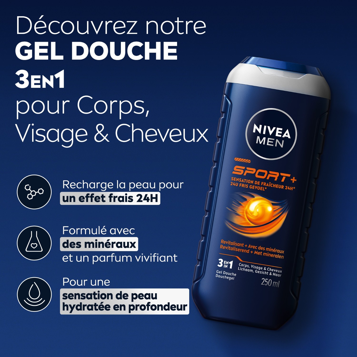 NIVEA Gel douche homme revitalisant après l'effort 3en1 visage corps&cheveux