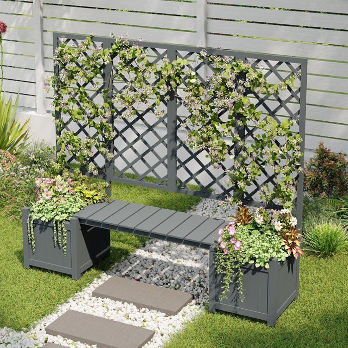 Bloembak met klimrek - Ruime bloembak - Bruine massief houten bloembak - Met klimrek en zitje - Voor in de tuin