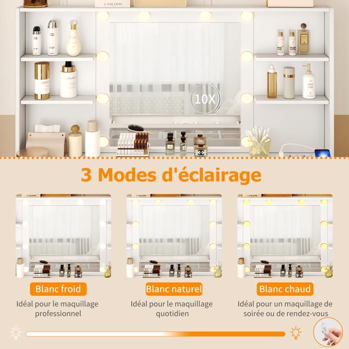 Dressing Table with Mirror and Storage Stool - NHHF - 113 x 40 x 140 cm - 10 Bulbs - 3 Adjustable Colors - 3 Drawers, 6 Shelves and 5 Hooks