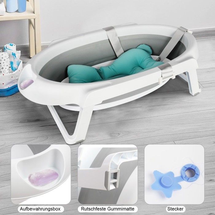 Bañera plegable para bebé con soporte - XUANYU - Portátil - Antideslizante - Para recién nacidos de hasta 3 meses - Gris
