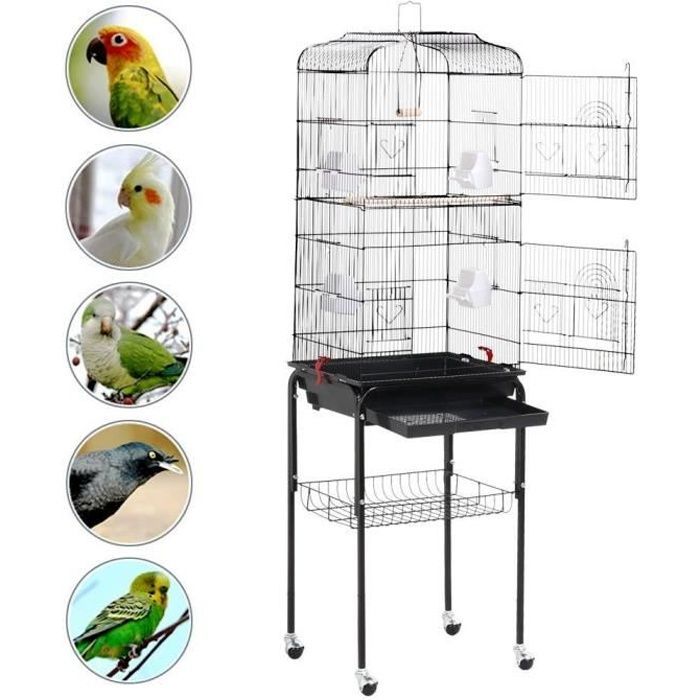 Cage à Oiseaux sur Pied Volière pour Perroquet Perruches Canaris Calopsitte élégante 4 mangeoires / 3 perchoirs / 150,6cm de Haut