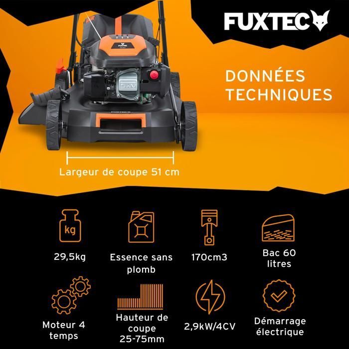 Tondeuse à Gazon Thermique Autotractée FUXTEC FX-RM5170eS 170 cm³ 51 cm – Démarrage Électrique, 60L, Easy Clean –