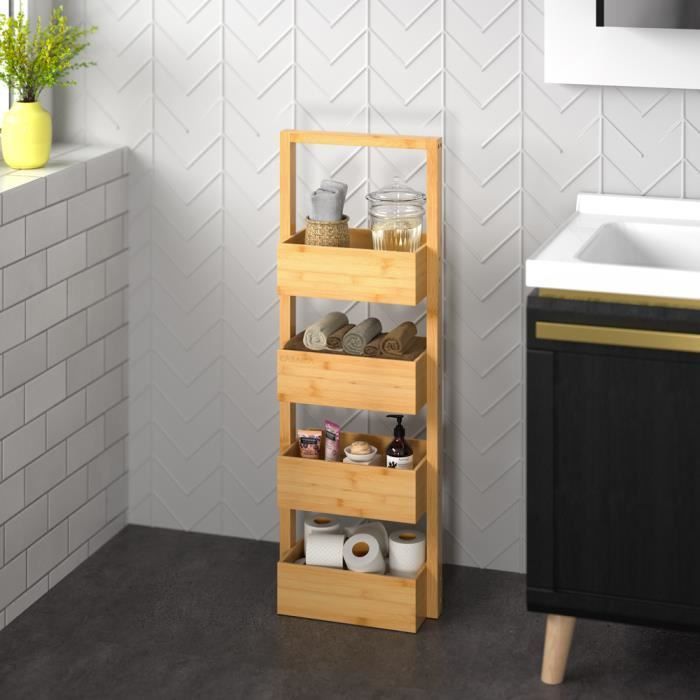 Étagère en bambou 4 compartiments Meuble de rangement 88x28x16 cm Charge max. 20kg Salle de bain cuisine couloir