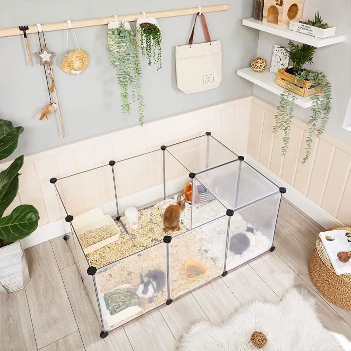 SONGMICS Rek voor cavia's, konijnen, egels, omheining, met bodem, voor binnen, modulair, transparant, kunststof, wit