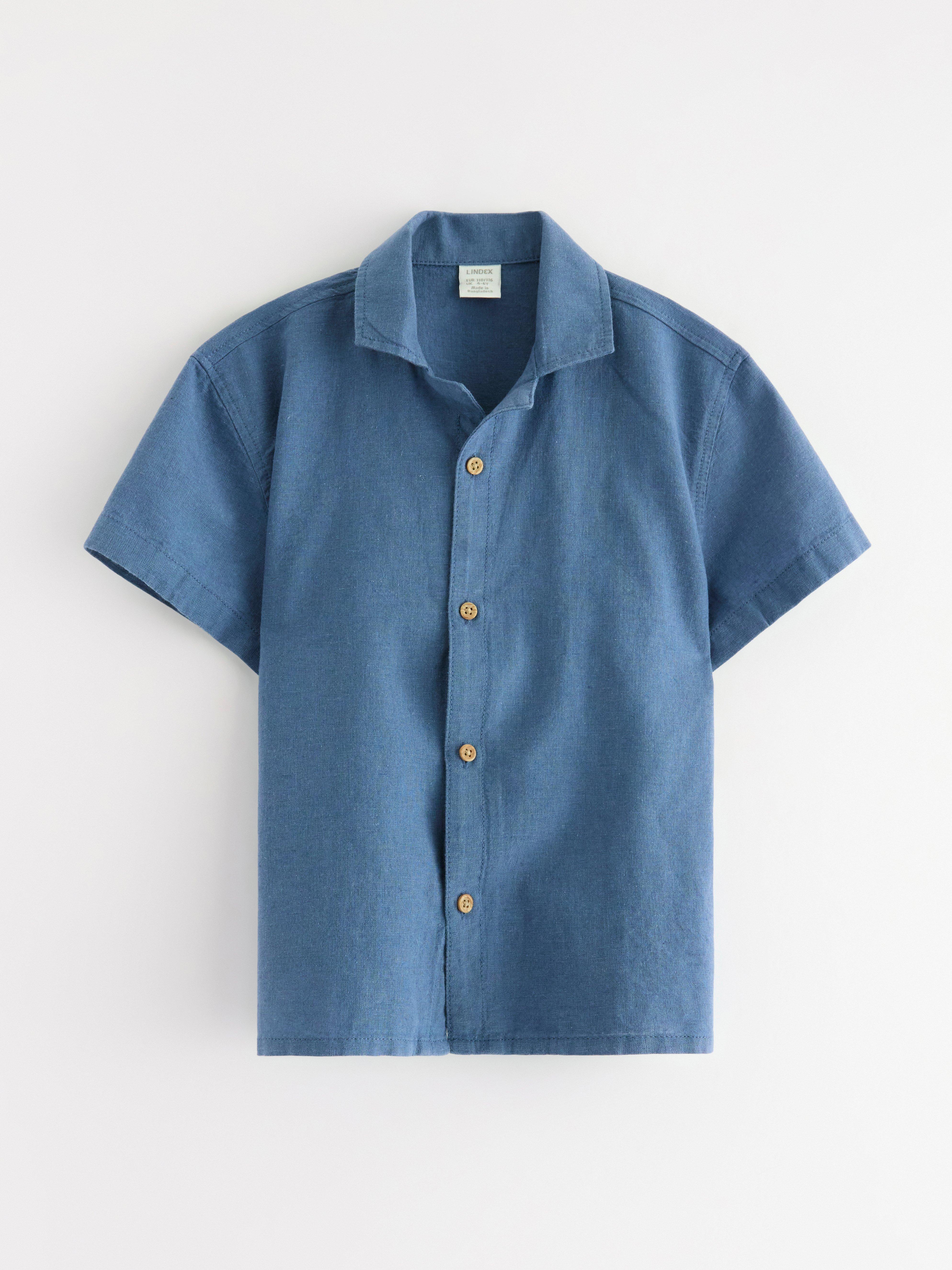 Camisa de manga curta em mistura de linho azul acinzentado