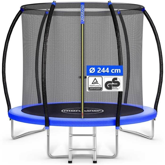 Cama elástica Monzana de Ø244 cm. Juego completo con red de seguridad interior, escalera, protector de bordes y lona de salto para jardín.