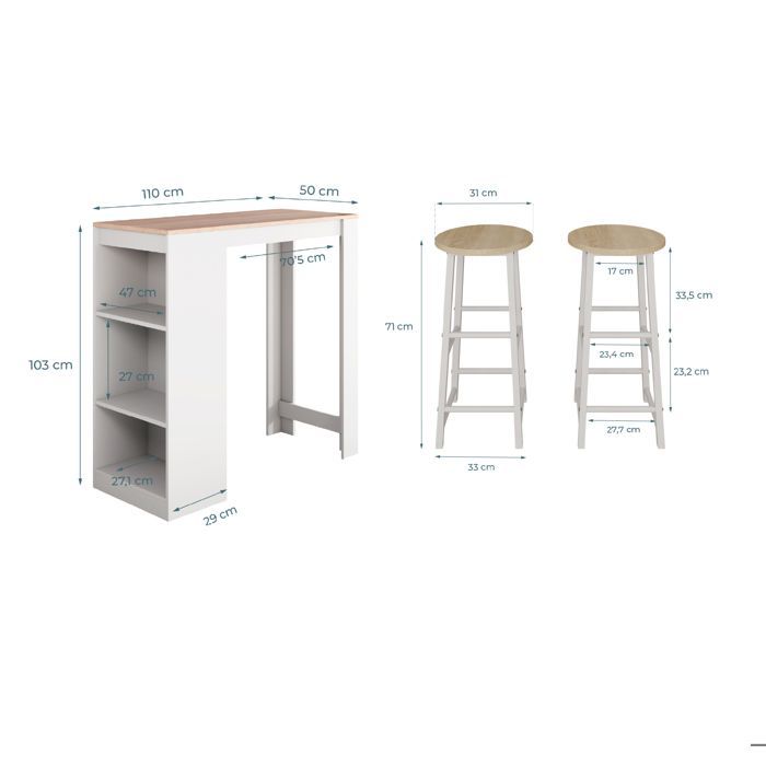 Table haute de bar avec deux tabourets | 110x103x50 cm | Blanc et Sonoma mat | Table de cuisine avec 3 étagères | Modèle Kyra