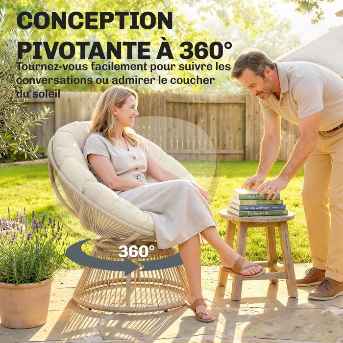 Silla Papasan giratoria 360° - Silla de jardín - Outsunny - Cojín suave de 12 cm - Poliratán y acero - Natural