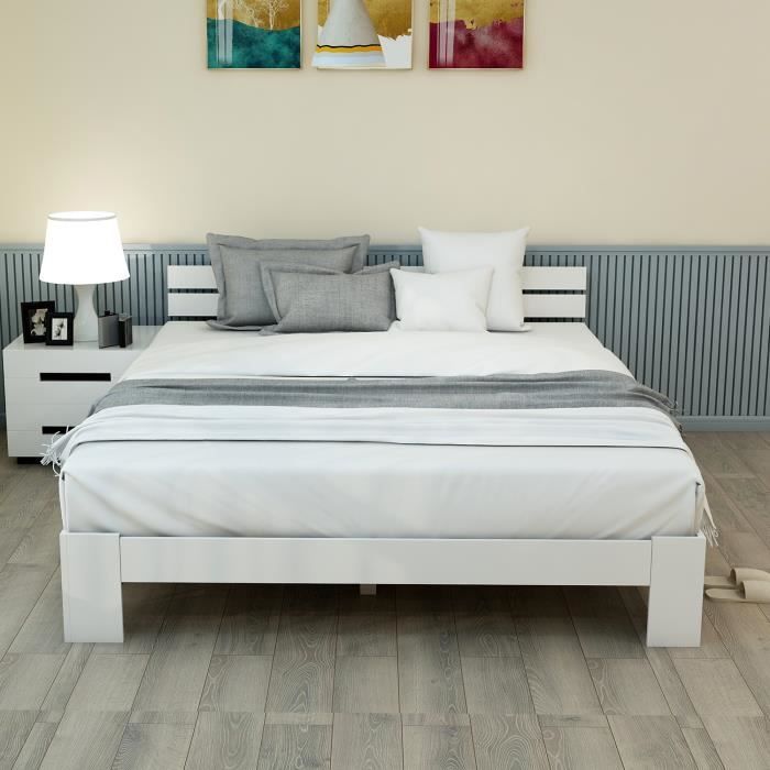 Cama adulta de madera maciza - MODERNLUXE - 200x140 cm - Base de láminas - Blanca