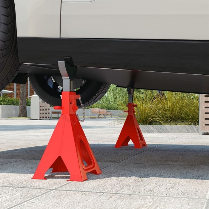 Soportes de gato ajustables de 6 toneladas - 2 piezas - Rojo - Acero - Altura ajustable de 375 a 592 mm - 13 niveles