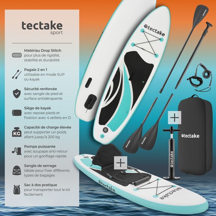 Stand-up paddleboard - TECTAKE - 2-in-1 inflatable board, complete kit, non-slip - 288 x 77 x 22.5 cm - White/Turquoise
