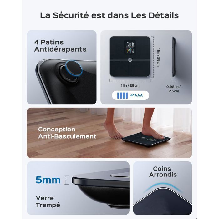Bathroom Scale, Bluetooth Smart Scale with 22 Data Points, Heart Rate Monitor, VA Display, Compatible with iOS & Android App, Max. 180kg