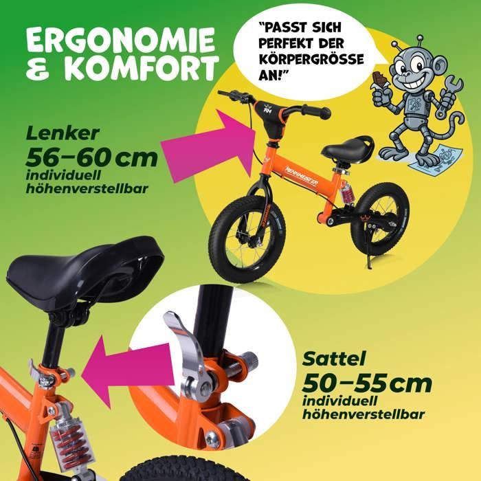 Orange Rennmeister balance bike for children, pedal-free, with suspension, max weight capacity 50kg, drum brakes, shock-absorbing padding, and a cycling saddle.