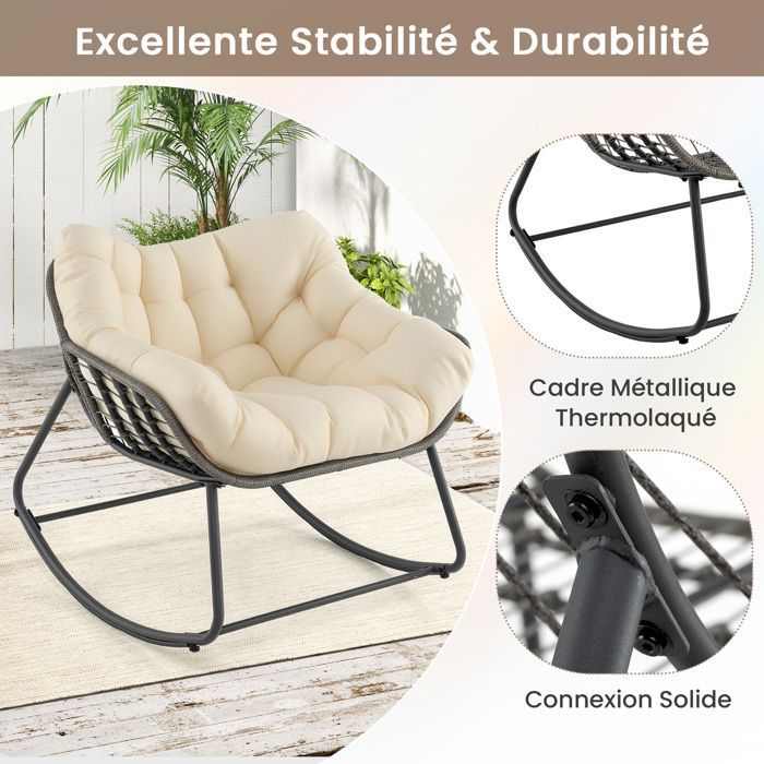 Fauteuil de Jardin à Bascule d'Extérieur COSTWAY en Rotin PE avec Coussin Épais Amovible, Structure en Métal, Charge 150 kg, Beige