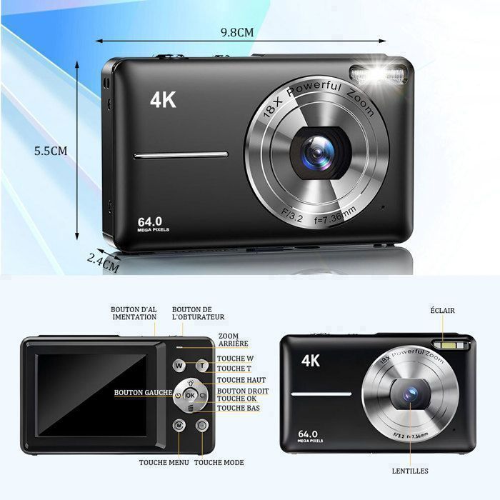 Appareil Photo Numrique 4K, 64MP Appareil Photo Compact Portable SD 32G, 2.4 cran LCD, Autofocus 18X, Dbutant