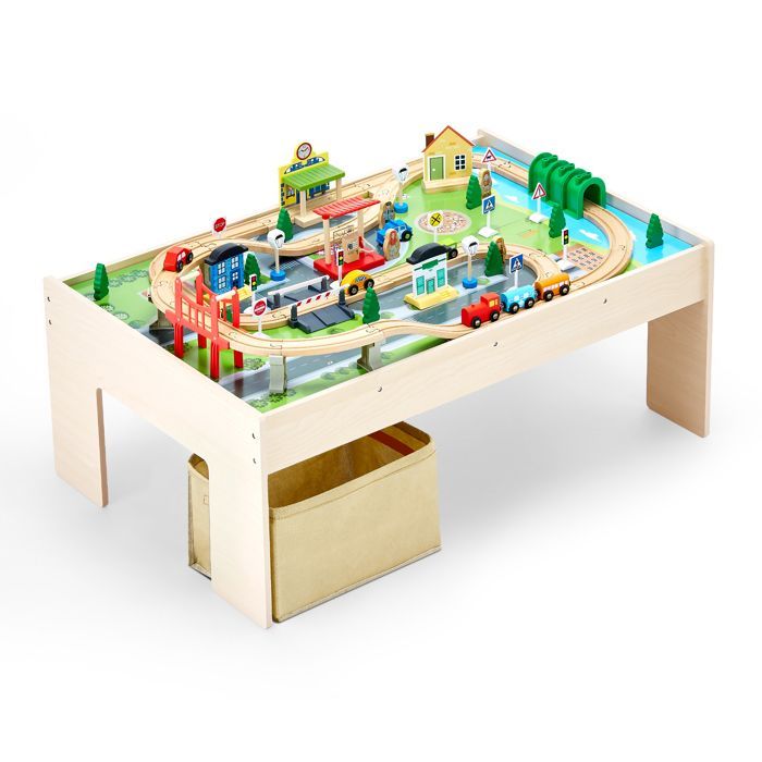Mesa de juego de trenes de madera VEVOR - 84 piezas - Caja de almacenamiento plegable - Mesa de actividades 3 en 1 de doble cara - Para niños de 3 años en adelante