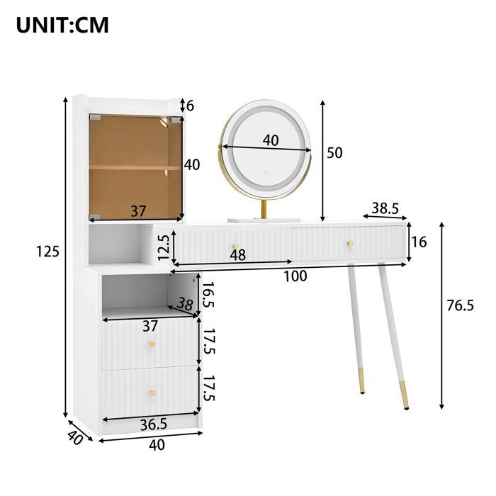Coiffeuse avec Miroir LED 100 x 40 x 125 cm avec Éclairage RGB, 4 Tiroirs de Rangement et 1 Vitrine à Porte en Verre - Blanc