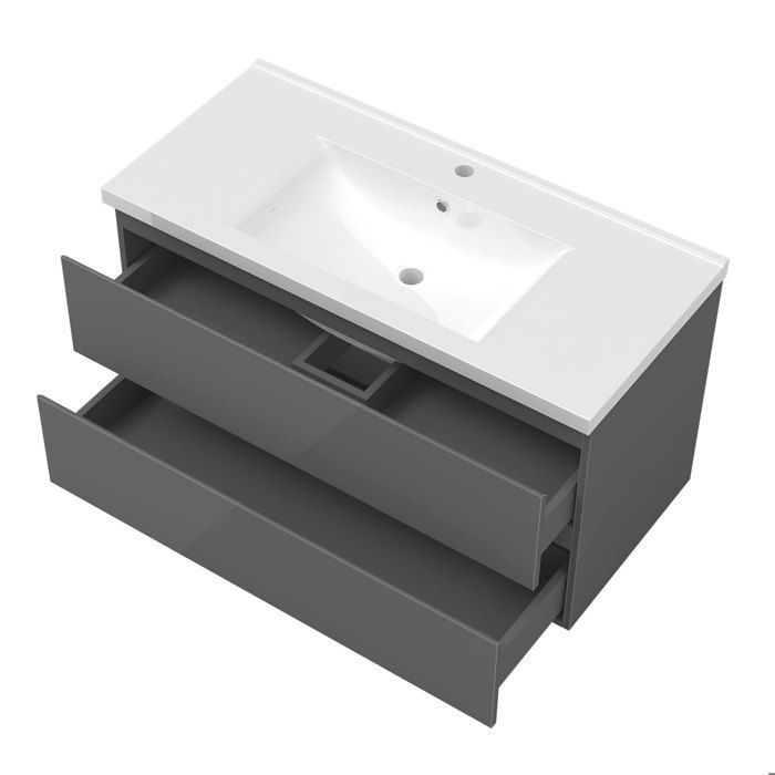 Mueble de baño AICA de 100 cm en color antracita brillante con 2 cajones de cierre suave y un lavabo de cerámica individual.